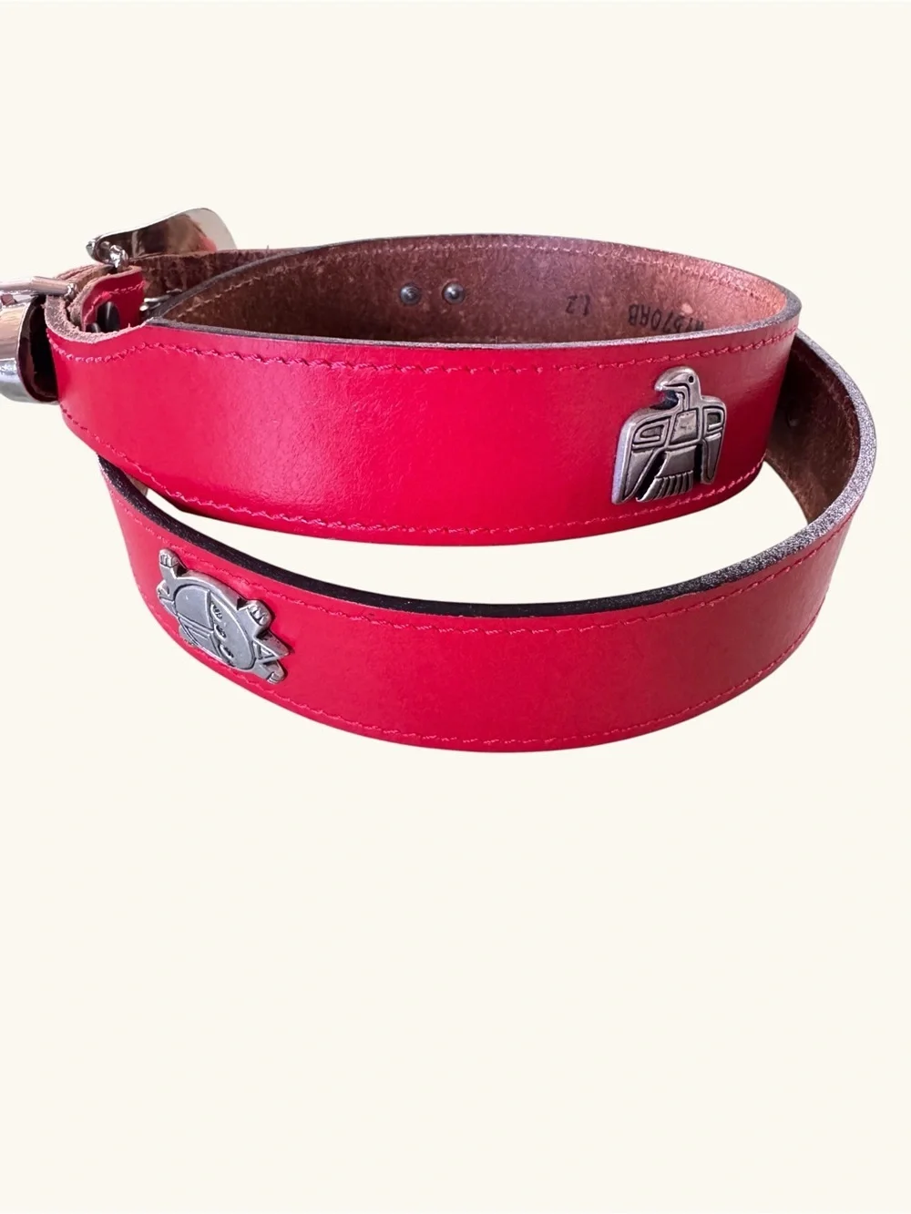 VTG Red Leather Western Belt Thunderbird Turtle Conchos Silver Tone Buckle M36